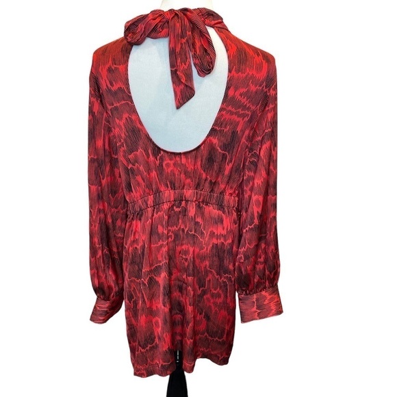 Open Edit Open Back Long Sleeve Satin Mini Dress Red Bloom Animal Camo Large New - Picture 7 of 7